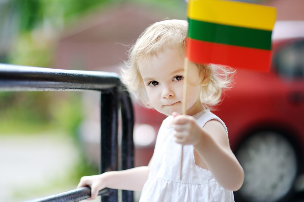 Adorable thoughtful toddler girl with Lithuanian flag